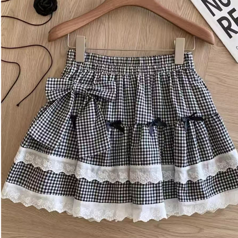 蕾丝边蝴蝶结撞色拼接格子半身裙女春夏2025褶皱层层蛋糕蓬蓬短裙