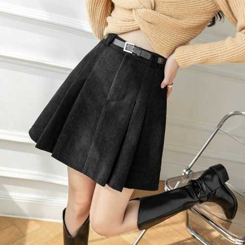 Linen velvet large skirt hem A-line maxi skirt for women autumn winter high-waisted pleated mini skirt slimming bumming