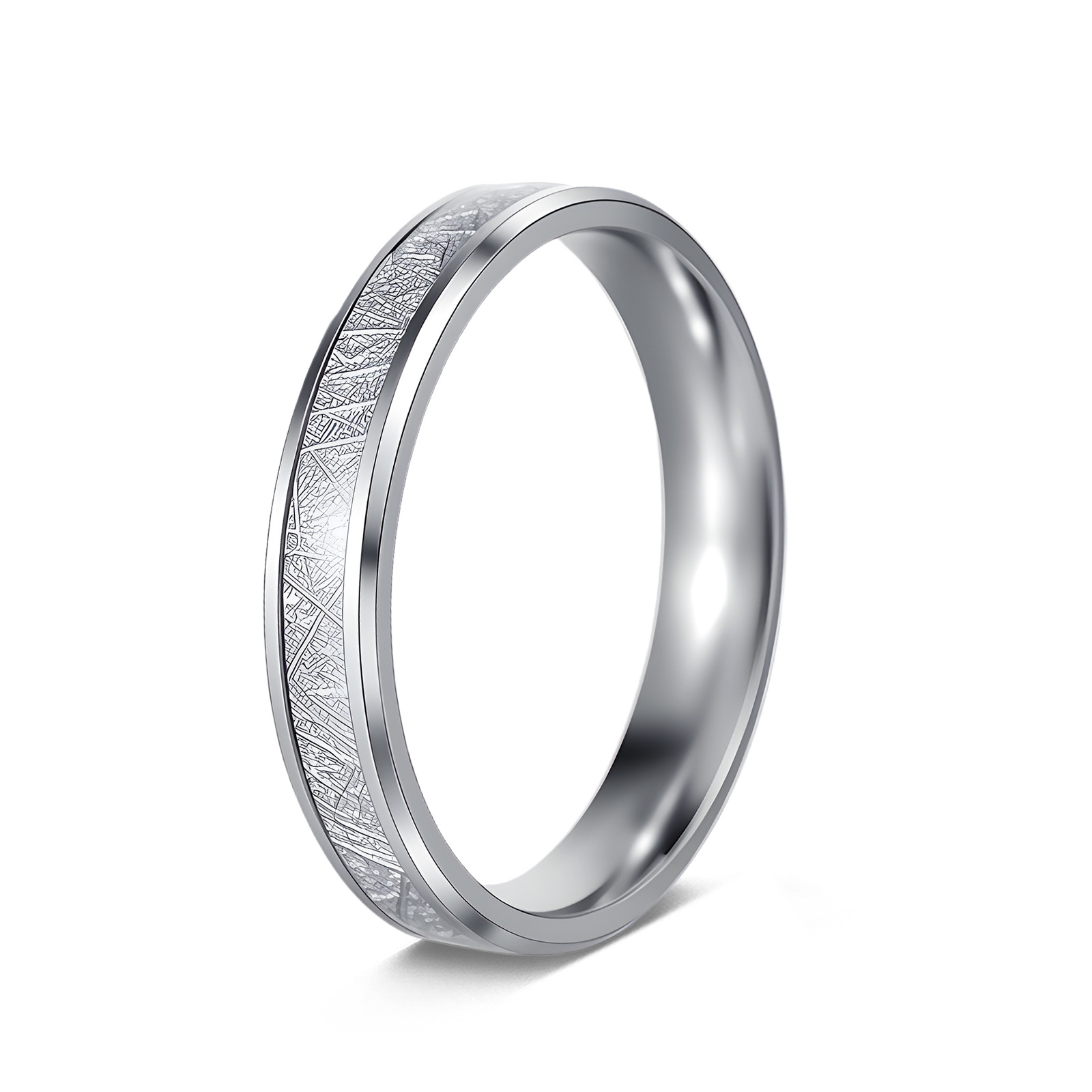 Cross-Border European and American Amazon New Titanium Steel Women's Jewelry Inlaid with Ice Silk Foil 4mm Wide Couple Ring Ring
