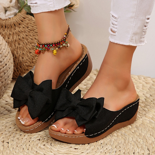 Women's Summer 2025 Wedge Thick Sole Slippers with Wide Straps and Fish Mouth Design, Flower Decorations, Large Size