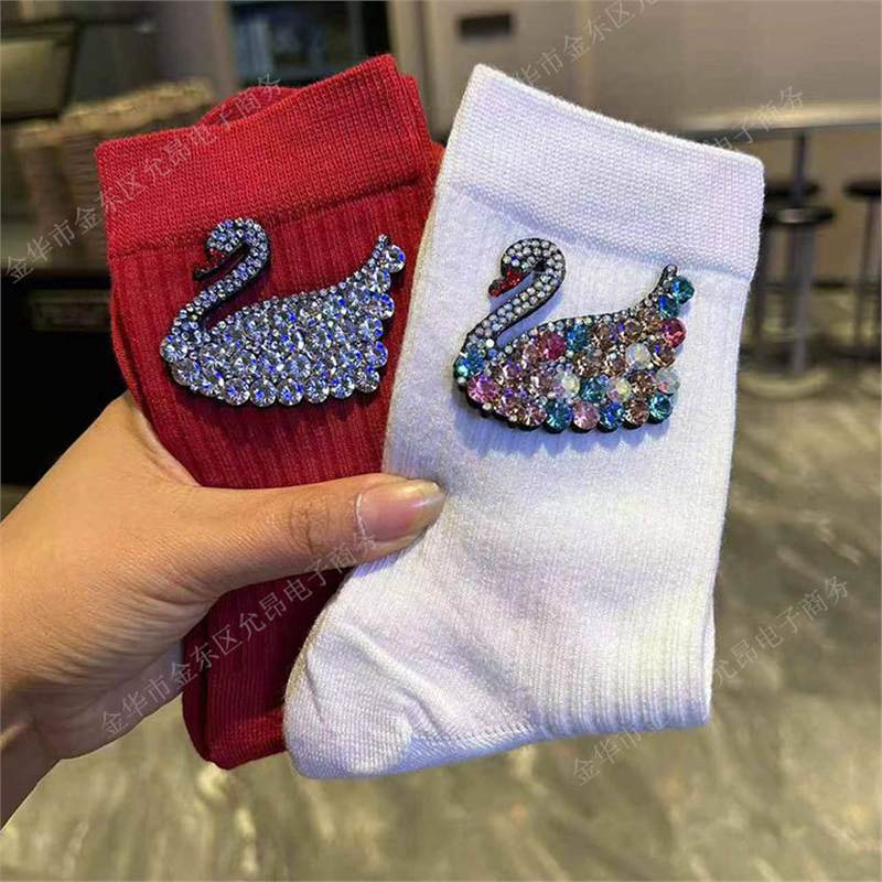 Korean Fashion Rhinestone Swan Decorative Socks Design Sense Personalized Outer Wearing All-match Stacking Socks Mid-tube Cotton Socks Ins Trendy