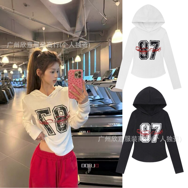 Spring and Autumn Y2K American Style 87 Letter Print Long Sleeve T-shirt for Women, Hooded, Ribbed, Waist-Cinched, Curved Hem, Spicy Girl Style Top Spring and Autumn Y2K American Style 87 Letter Print Long Sleeve T-shirt for Women, Hooded, Ribbed, Waist-Cinched, Curved Hem, Spicy Girl Style Top