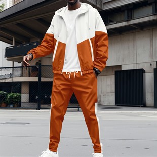 2025 cross-border men's new spring and autumn hooded zipper double pocket stitching color matching jacket coat sports suit