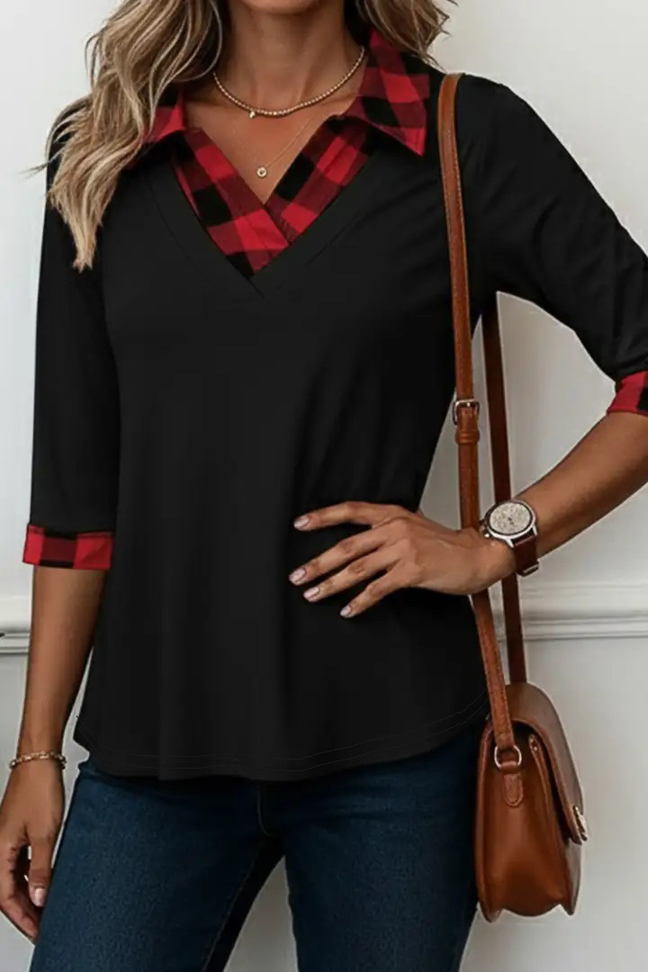 Contrast Panel Casual V-Neck Tunic Top For Women - Modern Spliced Tee With 3/4 Sleeves For Street Style_ecoleips.com