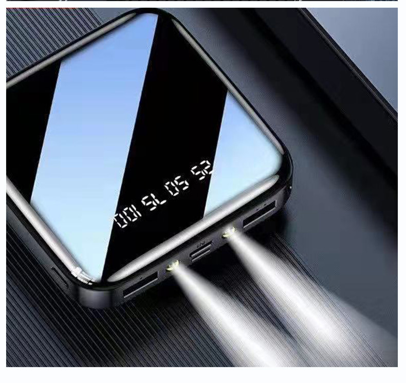 Lámpara LED de visualización digital espejo de doble puerto 20000 mAh compartido teléfono celular cargador al aire libre fuente de alimentación portátil en stock