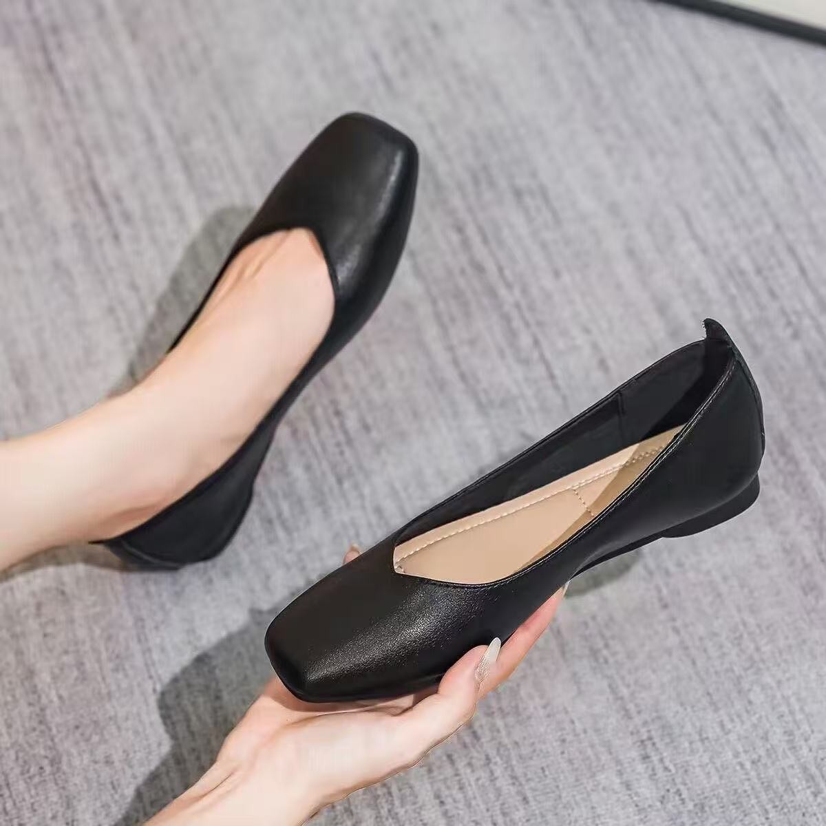 Zapatos de trabajo de cuero realmente suaves, herramientas planas de punta cuadrada negra, zapatos de trabajo ocupacional, asistentes de vuelo de entrevista, cómodos zapatos de suela blanda