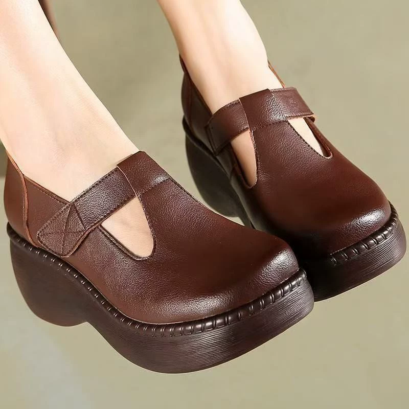 Ретро платформенные туфли на танкетке, толстоподошвенные кожаные туфли, весна 2025, новый этнический стиль, ручная работа, мягкая кожа, женские туфли в британском стиле