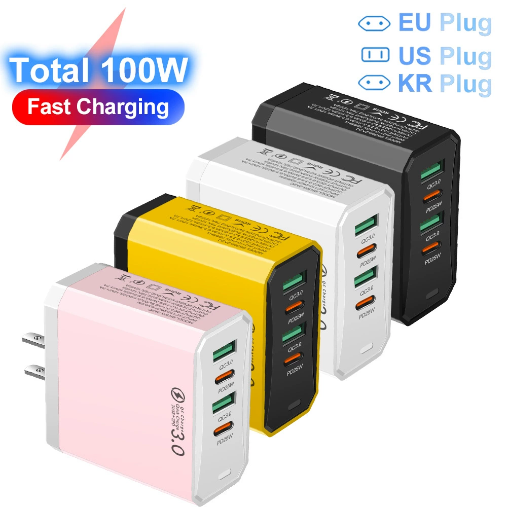 Стандартный 100W 2USB+2PD зарядное устройство для мобильного телефона, планшета европейский, американский и британский сверхбыстрая зарядка многопортовый адаптер