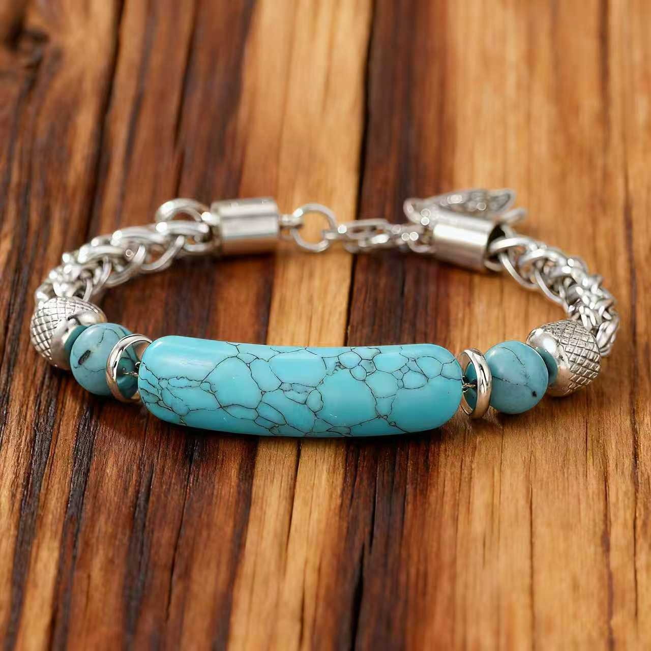 Cross-Border New Product European and American Retro Style Curved Turquoise Tiger Stone Stainless Steel Chain Splicing Non-Fading Men's Bracelet