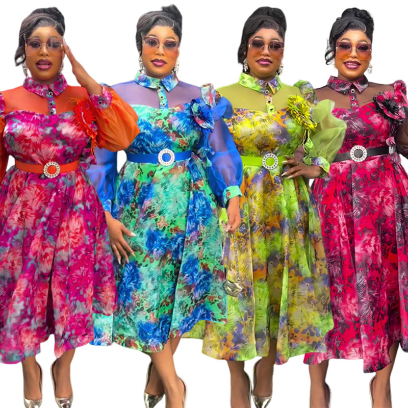 Amazon Plus-Size Women's Clothing European and American Cross-Border Foreign Trade Aliexpress New Spring and Summer Colorful Tie-Dye Printed Dress