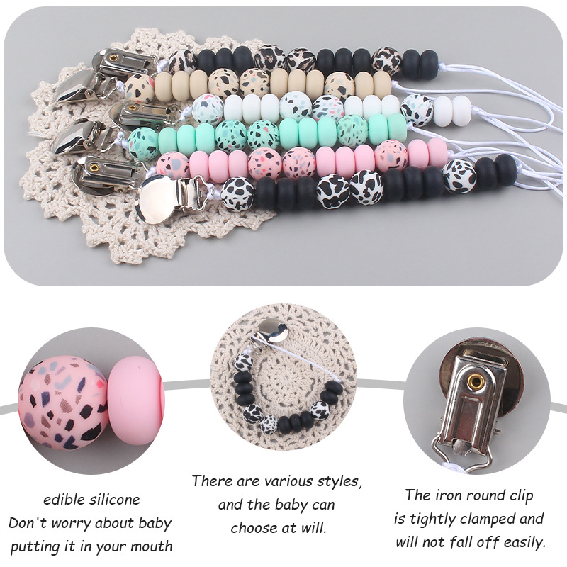 Nuevo bebé suministros de hierro redondo chupete clip creativo bebé calmante leopardo cuentas de silicona mordedor chupete cadena anti-gota cadena