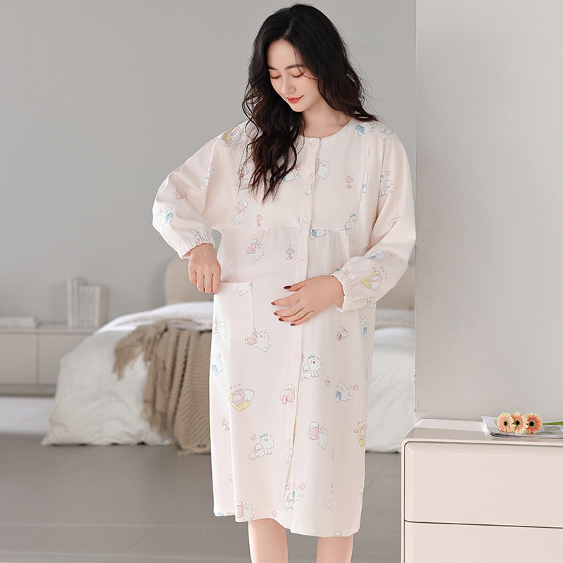 Long-Sleeved Nightgown Pure Cotton Luna Women's Spring and Summer Thin Pure Cotton Pregnant Women's Postpartum Breast-feeding dress Home Clothes