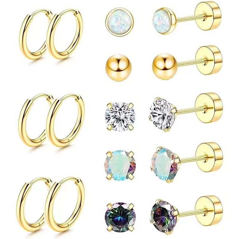 Cross-Border Hot-Selling Stainless Steel Round Zircon Stud Earrings Set Fashion Jewelry Factory Direct Sales Cross-Border Hot-Selling Stainless Steel Round Zircon Stud Earrings Set Fashion Jewelry Factory Direct Sales