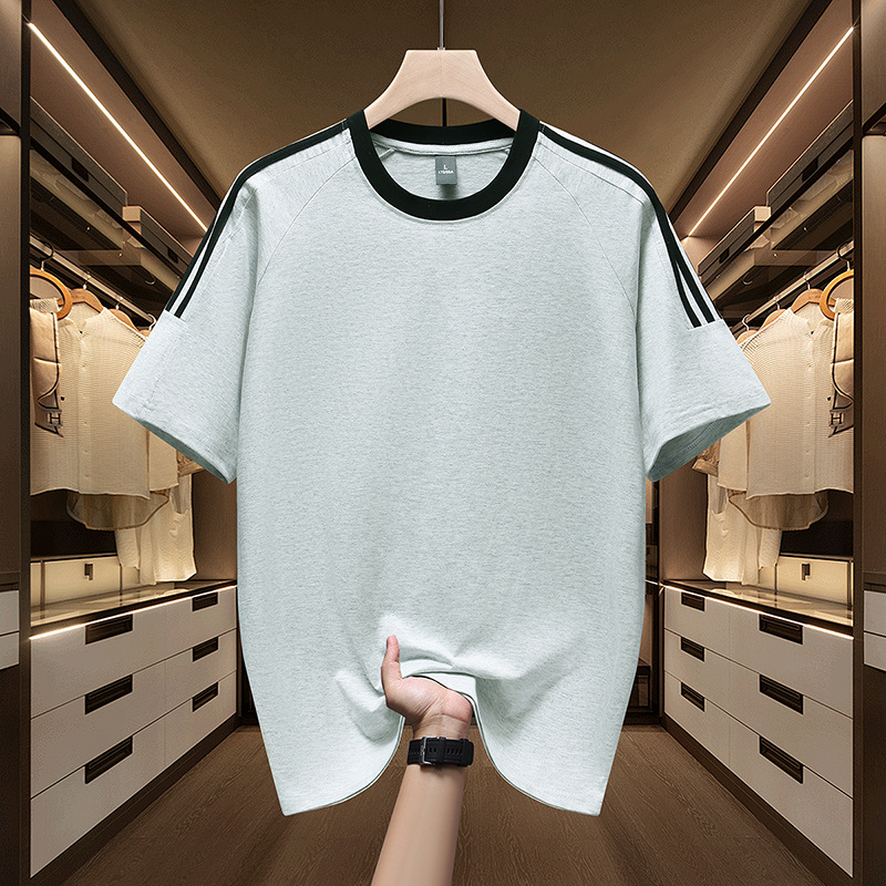 Algodón transfronterizo americano de tres barras de manga corta camiseta deportiva de moda masculina suelta y atractiva chaqueta de comercio exterior