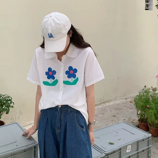 日系软妹少女小清新花朵印花白衬衫学院风夏季宽松短袖白色娃娃衫