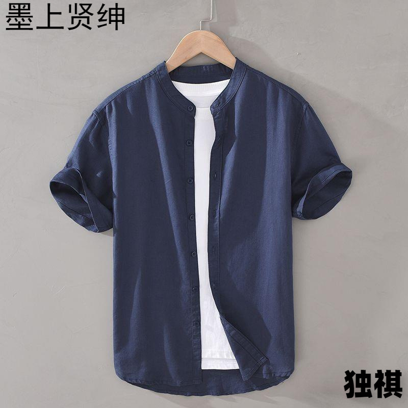 Camisa de algodón y lino de manga corta con cuello alto básico de verano japonés Camisa blanca de lino suelta fresca y delgada para hombre