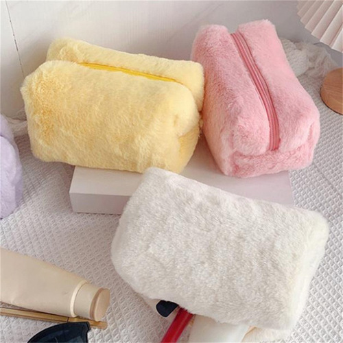 Plush Storage Bag, Macaron Color Portable Sweet Pen Bag, Large Capacity Makeup Bag, Student Stationery Storage Bag