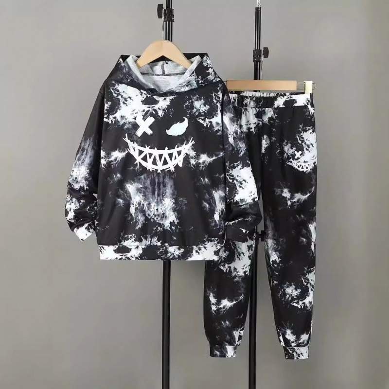 Spring and Autumn New Style Smiley Face Smoke Print Pullover Long Sleeve Children's Autumn Two-Piece Set RB05-RC01