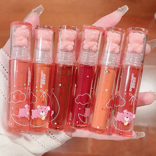 Cross-Border ~ Little Bear Crystal Jelly Strawberry Water Glossy Lip Glaze Mirror Whitening Easiest for Match Pouty Lips Mirror Lipstick Affordable Wholesale