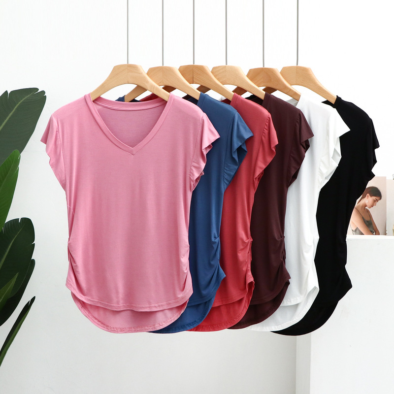 Modal V-neck short-sleeved T-shirt women's summer leisure sports solid color loose slim thin base shirt top