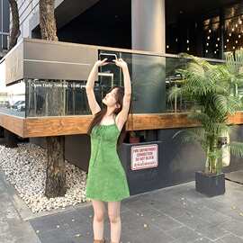***度假风抽绳系带方领提花吊带背心连衣裙配短裤两件套女图片色