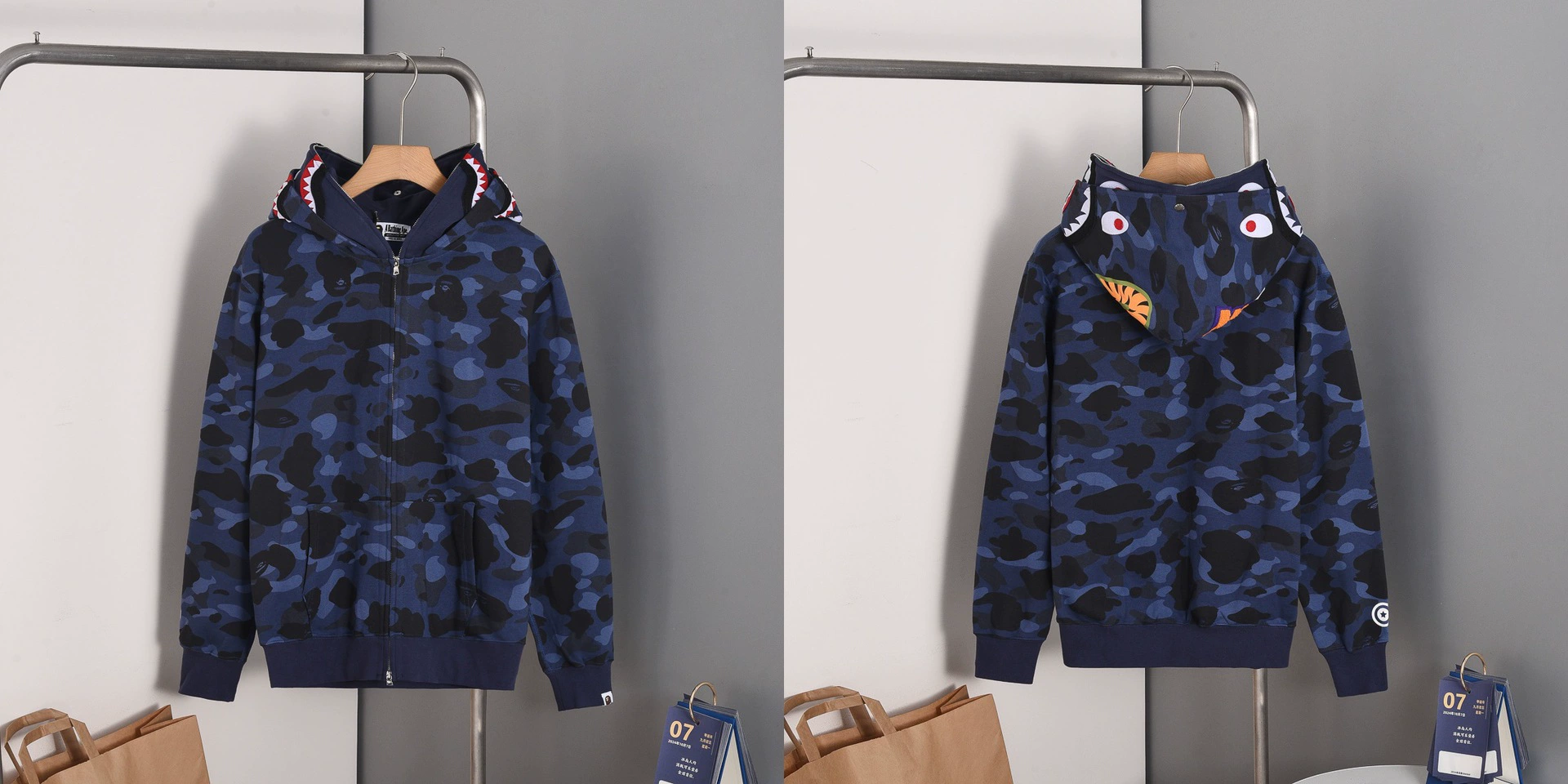 (Cross-border trading), camouflage cloth, shark, sweatshirt with hood with zipper, with embroidery