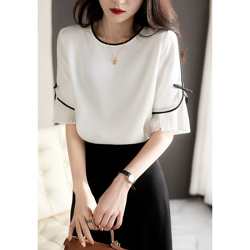 Summer elegant professional shirt with bow with a round collar
