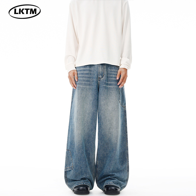 Lktm Men's American Retro Inverted Pocket Design Straight-Leg Jeans Unisex Versatile Loose Floor-Length Pants Lktm Men's American Retro Inverted Pocket Design Straight-Leg Jeans Unisex Versatile Loose Floor-Length Pants