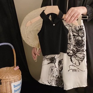 Chinese Style Girls' New Chinese Suit Summer Stylish Children's Retro Ink Painting Ice Silk Anti-Mosquito Pants Black Vest