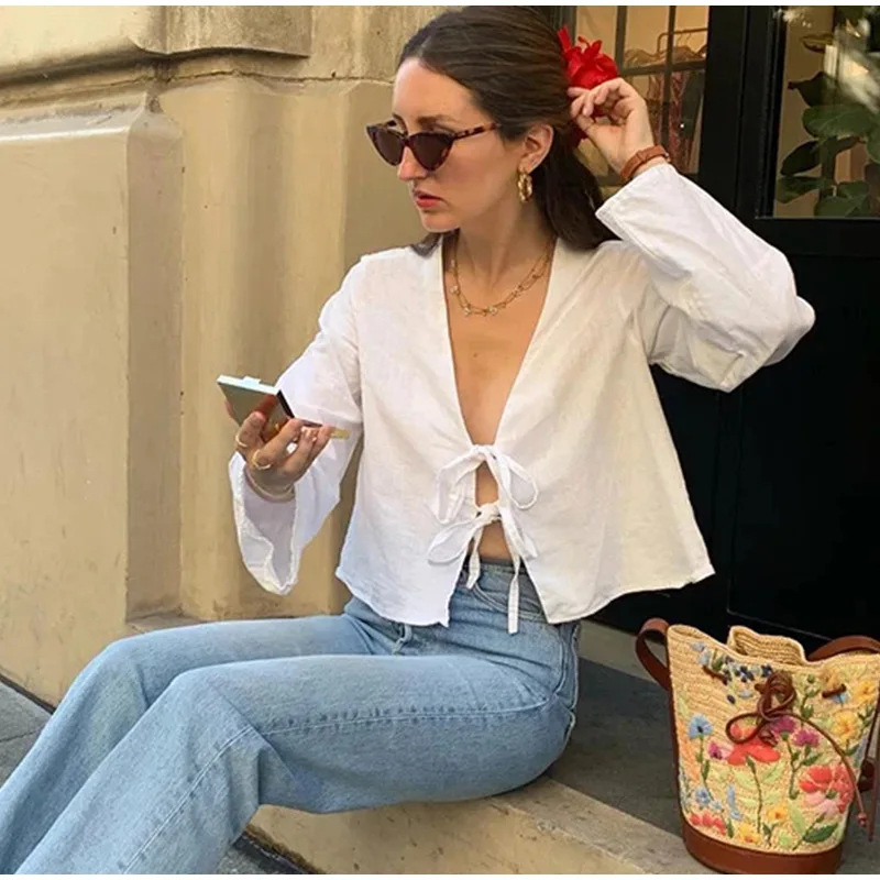 140g Weight Long Sleeve Sleeve Length Tie Placket Type Wholesale Women's Casual Solid Color Long Sleeve Blouses