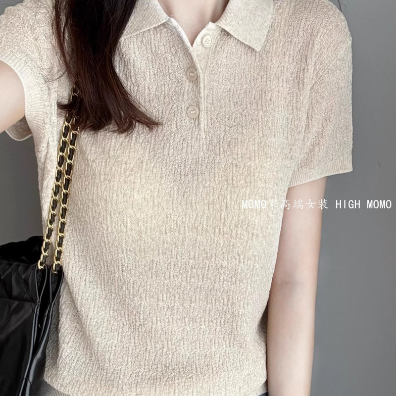 He+ Series! Counter 1500+ Cotton Wool Blended Polo Collar Short-Sleeved Knitwear Simple Pullover Top for Women He+ Series! Counter 1500+ Cotton Wool Blended Polo Collar Short-Sleeved Knitwear Simple Pullover Top for Women