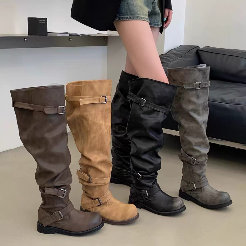 Retro wide-leg leather belt buckle 2026 summer new over-the-knee boots for women, round-toe versatile pleated high-tube boots Retro wide-leg leather belt buckle 2026 summer new over-the-knee boots for women, round-toe versatile pleated high-tube boots