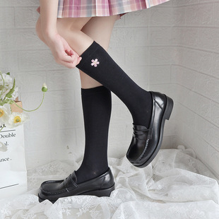 Black Cuff Socks Women's Japanese Style Lolita Embroidered Little Flower Sweet College Style Spring and Autumn White jk Slim Long Socks
