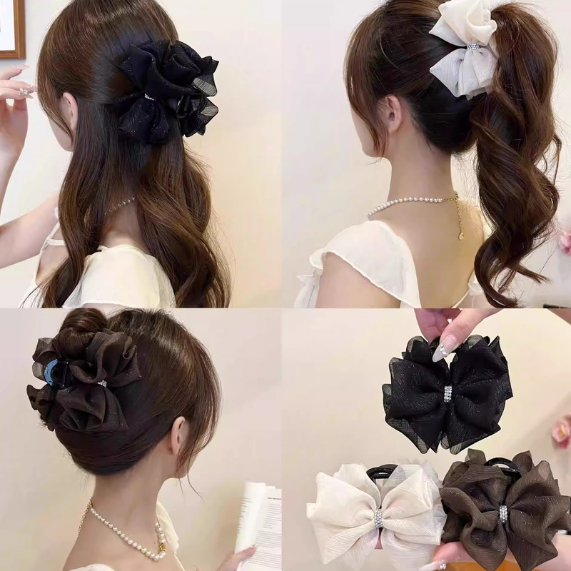High-End Mesh Rhinestone Bow Hair Clip for Women with Small Hair Volume and Elegant Half-Tied Hair Clip Shark Clip