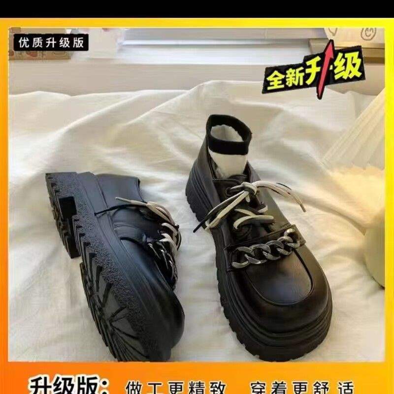 厚底增高黑色链条系带大头小皮鞋女春秋2025新款复古英伦风单鞋子|undefined