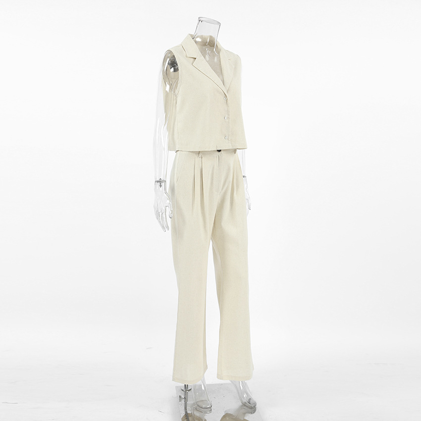 Ropa de mujer Traje casual de moda de verano de algodón y lino de color puro chaleco suelto sexy sin mangas pantalones versátiles traje simple de dos piezas_voghion.com