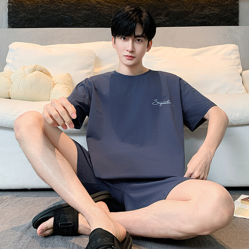 100% 純綿パジャマ男性半袖夏の薄いタイプの青少年カジュアルでゆったりした綿100% の家庭服セット