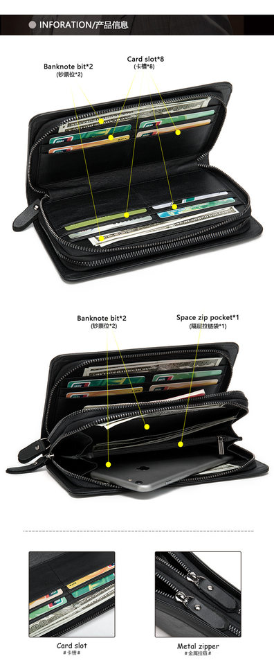 Ví nam da bò thật dáng dài kiểu clutch có khóa kéo hai lớp và ngăn đựng tiền xu — Cà phê/khóa kéo đơn, Màu Đen/khóa kéo đơn, 9013 màu đen, Cà phê 9013 chi tiết 31