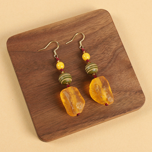 Niche design ethnic style beeswax earrings retro long style artistic temperament female ancient style cheongsam simple Tibetan style earrings