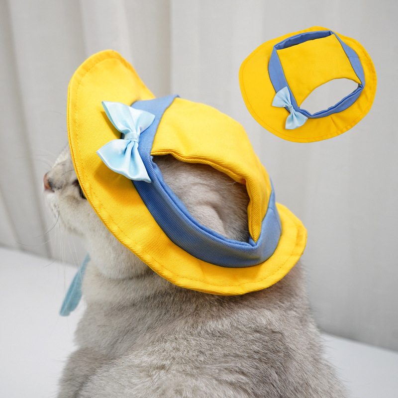 Pet Yellow Hat with Bow, Fashionable Cat Fisherman Hat, Summer and Autumn Sun Protection, Dog Sun Hat, Photo Prop Pet Yellow Hat with Bow, Fashionable Cat Fisherman Hat, Summer and Autumn Sun Protection, Dog Sun Hat, Photo Prop