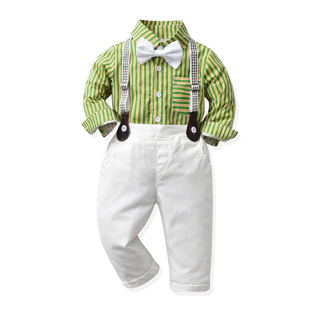 Europa y los Estados Unidos corbata de niños manga larga una sola fila de botón camisa de algodón pantalones de dos piezas set de ropa de caballero bebé niño