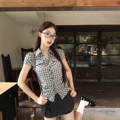 韩系复古格子掐腰衬衫女夏季2025新款设计感小众修身短款衬衣上衣