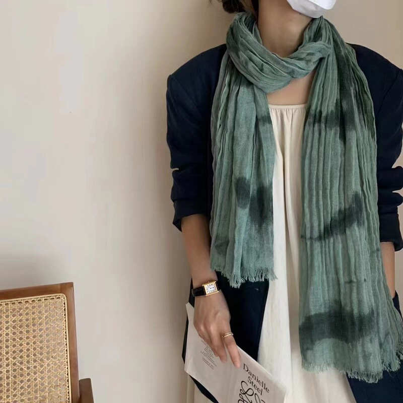 Women's Korean-style retro decorative neck protection spring and summer thin sweat-absorbent cotton and linen tie-dyed age-reducing pleated scarf