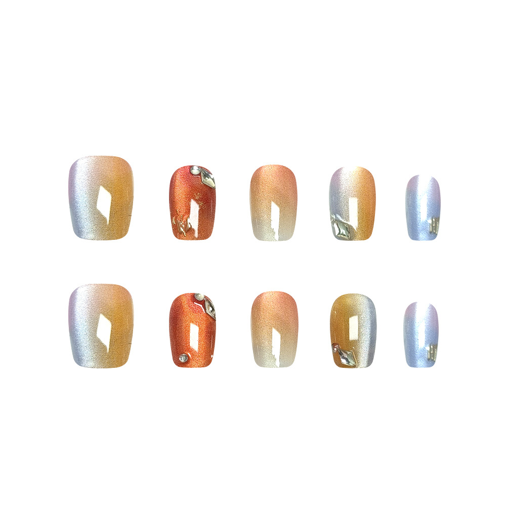 Sweet curto ojo de gato manicure azul gradiente hecho a mano 10 piezas parches de uñas de código de corte de diamantes para usar uñas