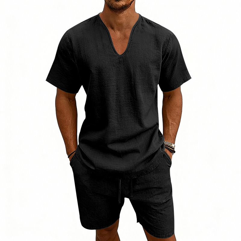 Leinenhemd und Shorts für Herren, atmungsaktives, lässig geschnittenes Urlaubsoutfit mit V-Ausschnitt für den Sommer_voghion.com