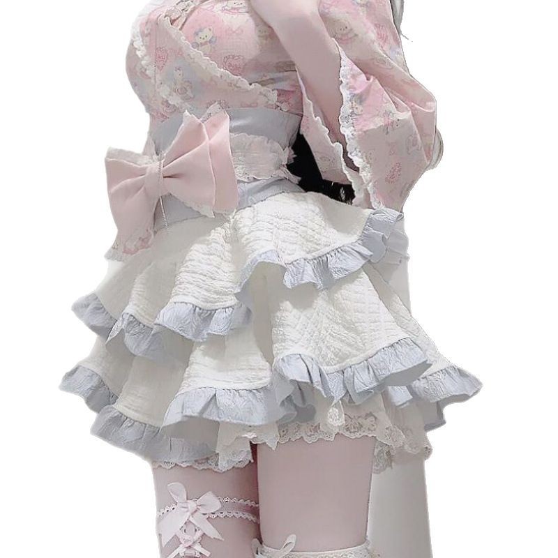 ロリータスカート、ガーリー花柄スーツ、プリントトップス、リボンケーキガードル、日本製スリーピースチュチュスカート|undefined