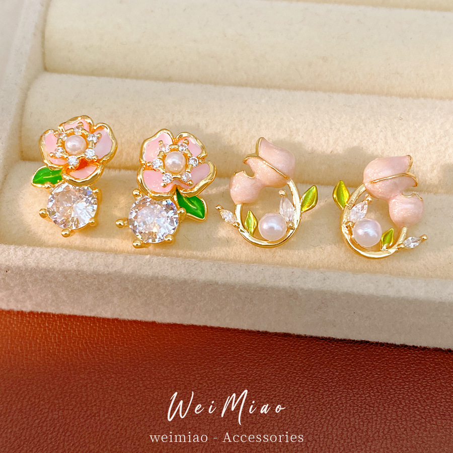 Aguja de plata zircon goteo flor tulipa perla pendientes temperamento dulce delicado pendientes ligeros lujosos de alta calidad pendientes