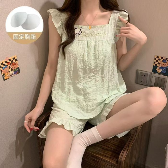 Pijamas transfronterizos con almohadilla para el pecho para mujer verano nuevo estilo pequeño volador con almohadilla para el pecho pijamas de dos piezas de dibujos animados lindos de alto valor