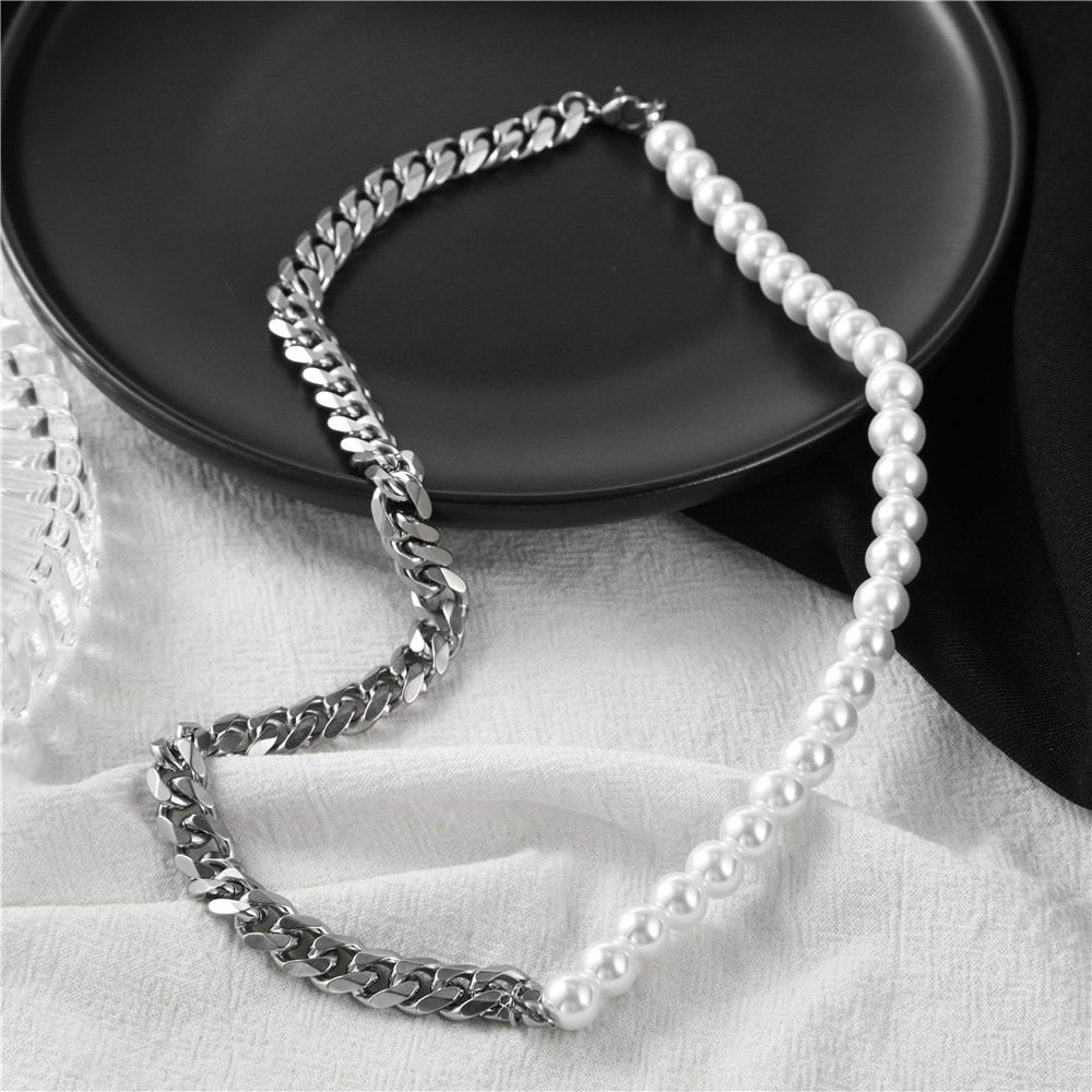 Stitching stainless steel Cuban chain pearl chain necklace
