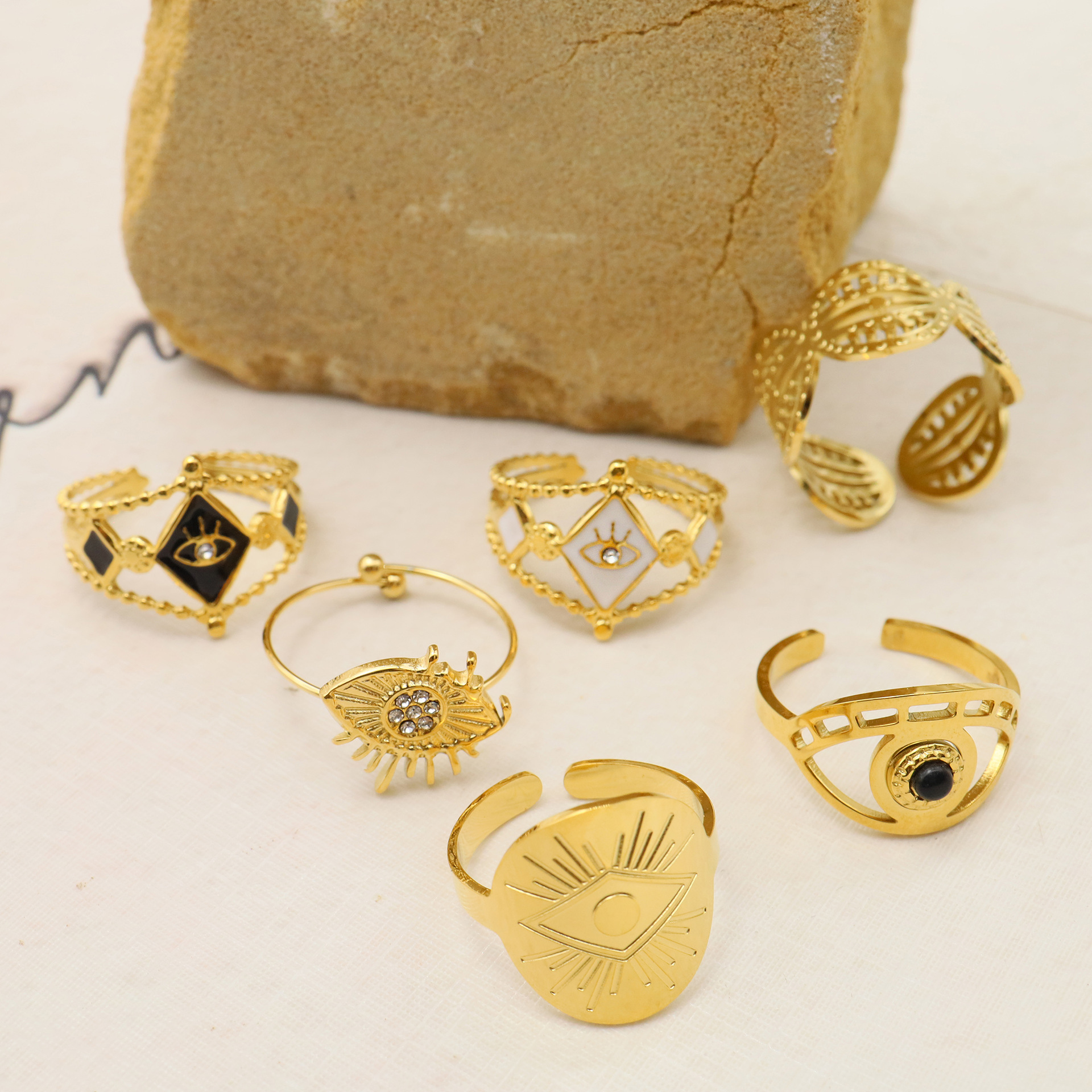 14K Gold, Real Gold Plated Plating Material Rhinestones Inlay Material Open Ring Classification PVD Coated 14K Gold Real Gold Plated Devil'S Eye 304 Stainless Steel Fashion Waterproof Non Tarnish Open Ring